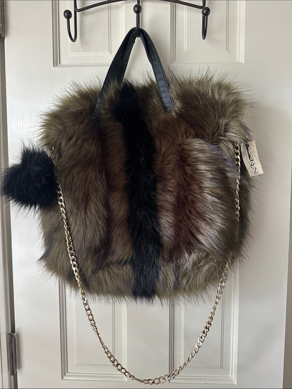 Faux Fur Tote with Chain Strap - Olive & Black